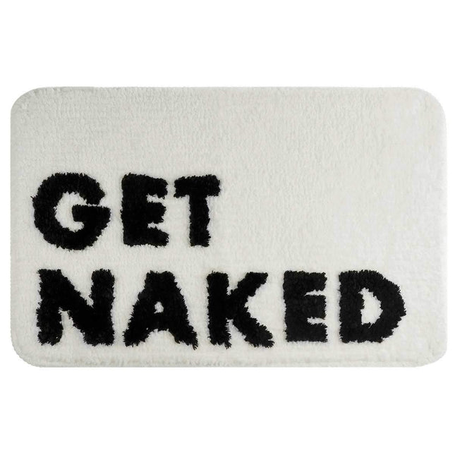 Kylpyhuoneen matto Get Naked -tekstillä