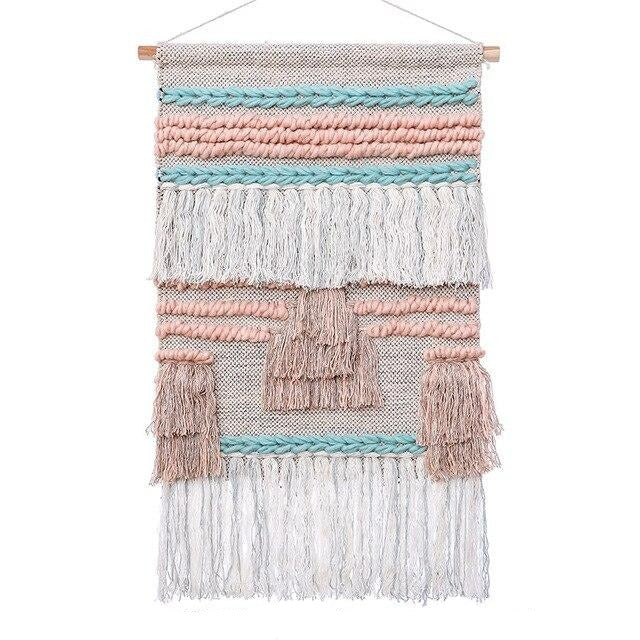 Vaaleanpunainen ja valkoinen kudottu seinävaate