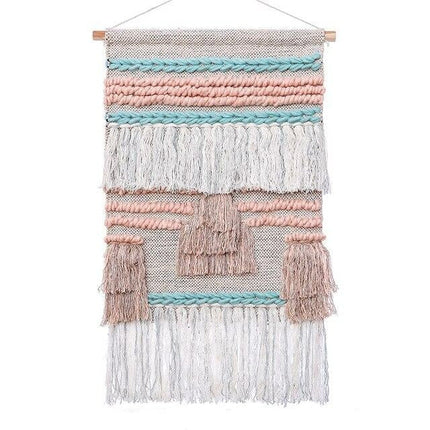 Vaaleanpunainen ja valkoinen kudottu seinävaate