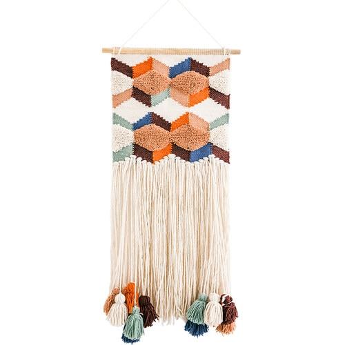 Trooppinen kudottu seinävaate tupsuilla