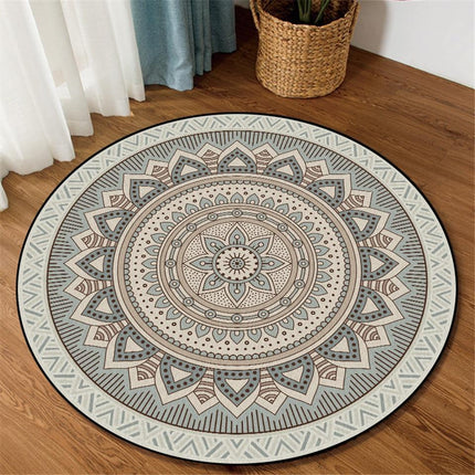 Beige pyöreä mandala-matto olohuoneeseen