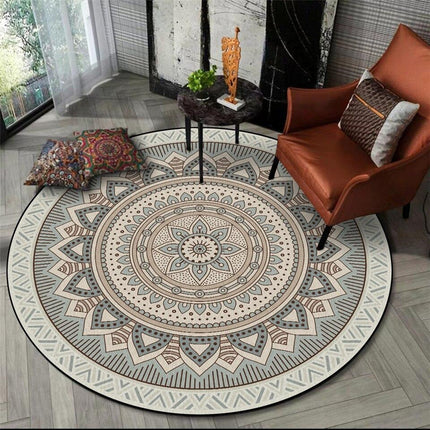 Beige pyöreä mandala-matto olohuoneeseen