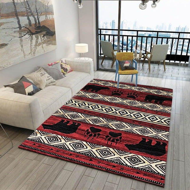 Punainen vintage-matto mökin sisustukseen