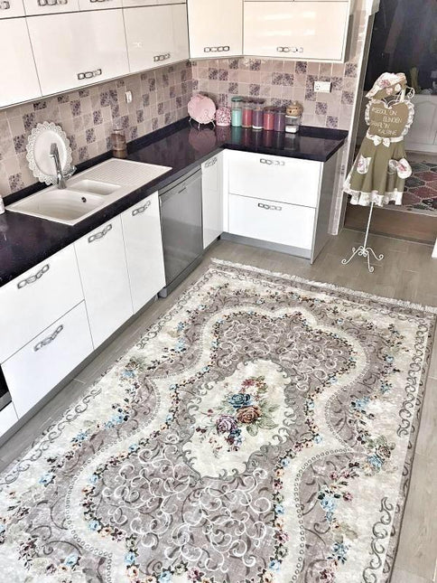 Harmaa kukkakuvioinen vintage-matto