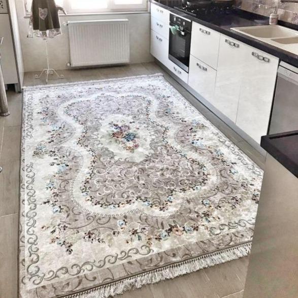 Harmaa kukkakuvioinen vintage-matto