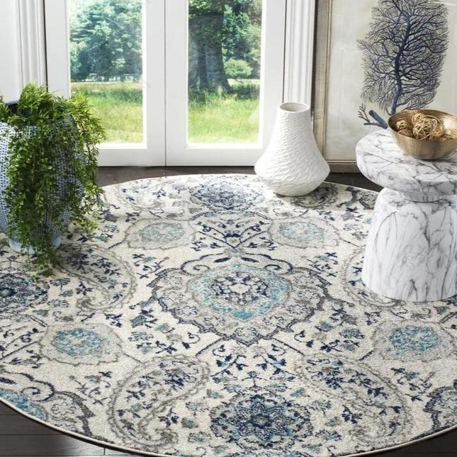 Pyöreä sininen vintage-kuvioinen matto